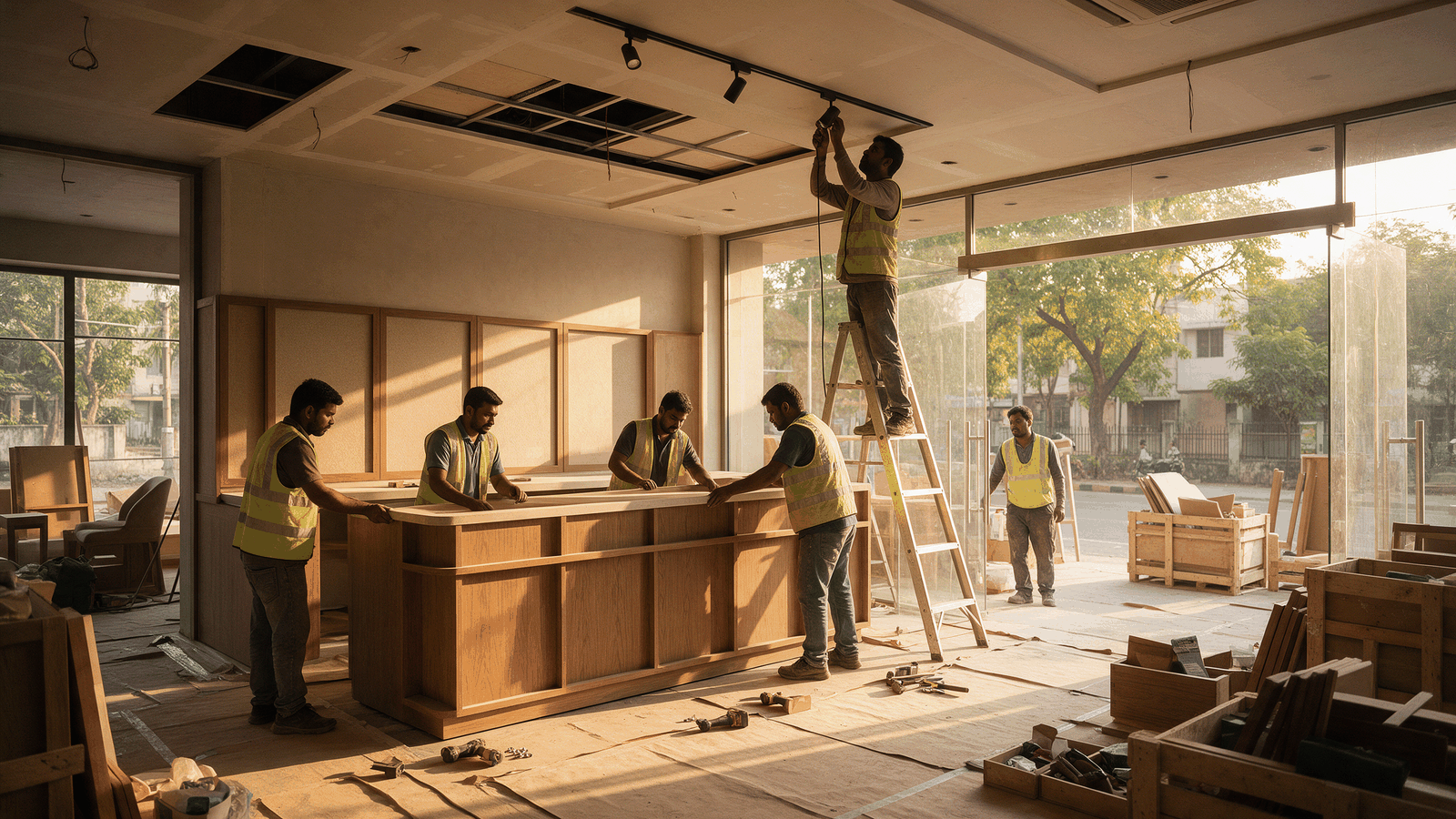 Installers positioning a prefabricated service counter during a restaurant fit-out on site